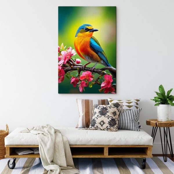 Colorful bird on a branch with pink flowers