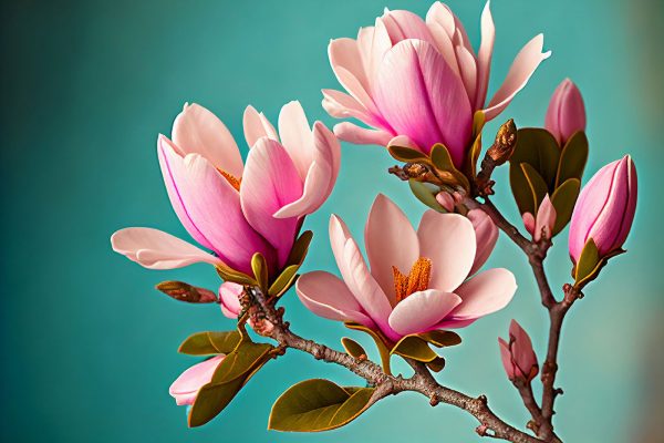Magnolias bloom against teal sky Magnolias bloom against teal sky