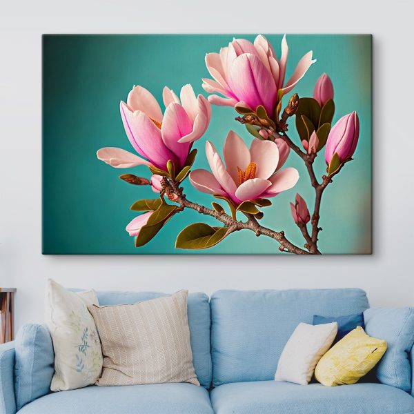 Magnolias bloom against teal sky Magnolias bloom against teal sky