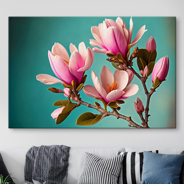 Magnolias bloom against teal sky Magnolias bloom against teal sky