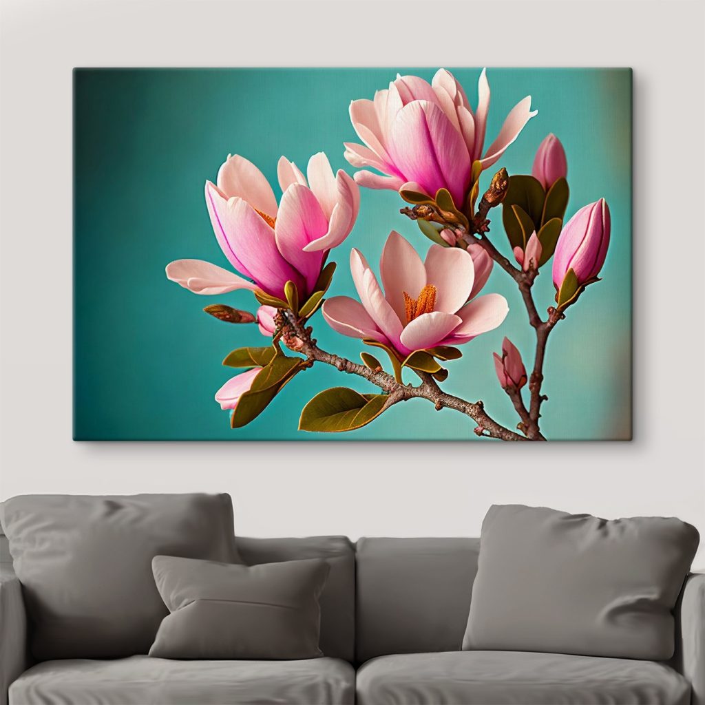 Magnolias bloom against teal sky Magnolias bloom against teal sky