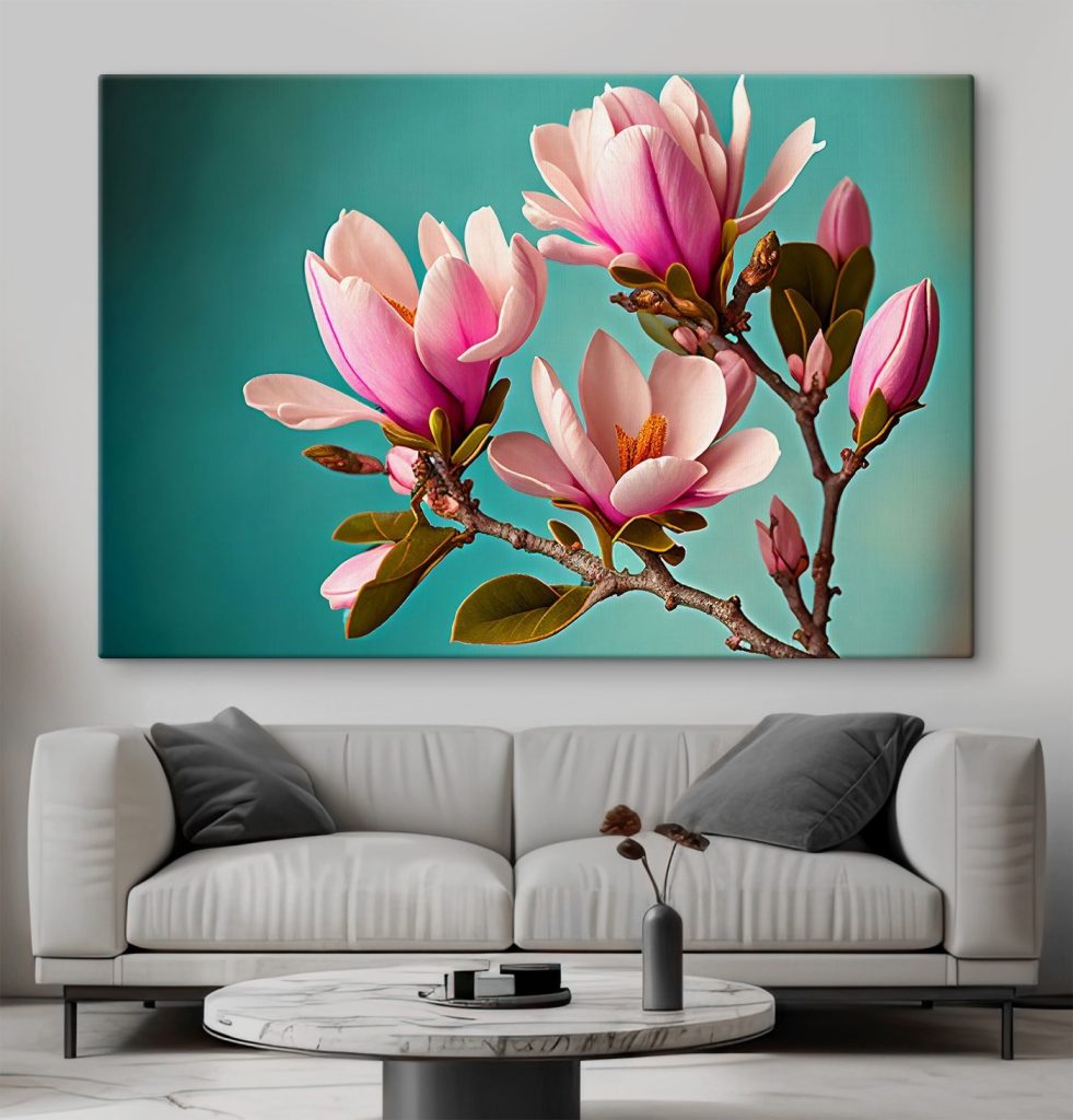 Magnolias bloom against teal sky Magnolias bloom against teal sky