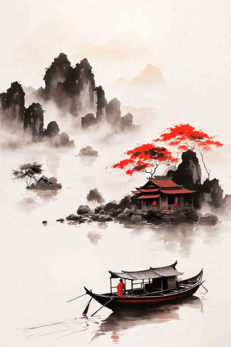 Painting of a house and a boat in the water