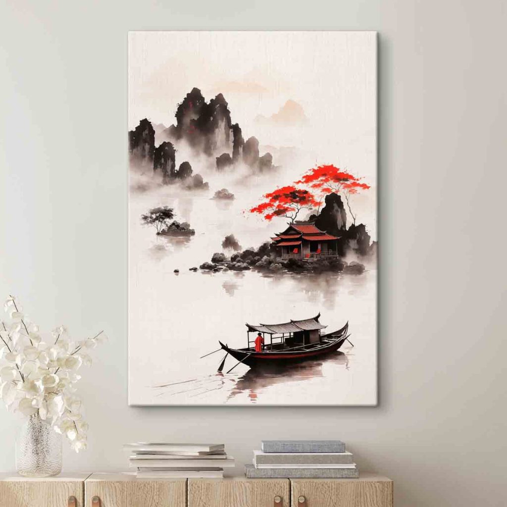 Painting of a house and a boat in the water