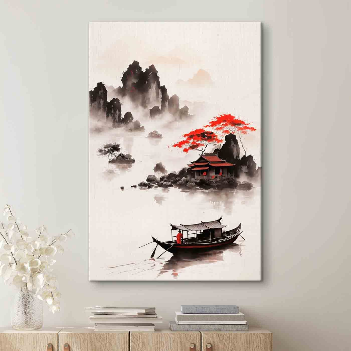 Painting of a house and a boat in the water