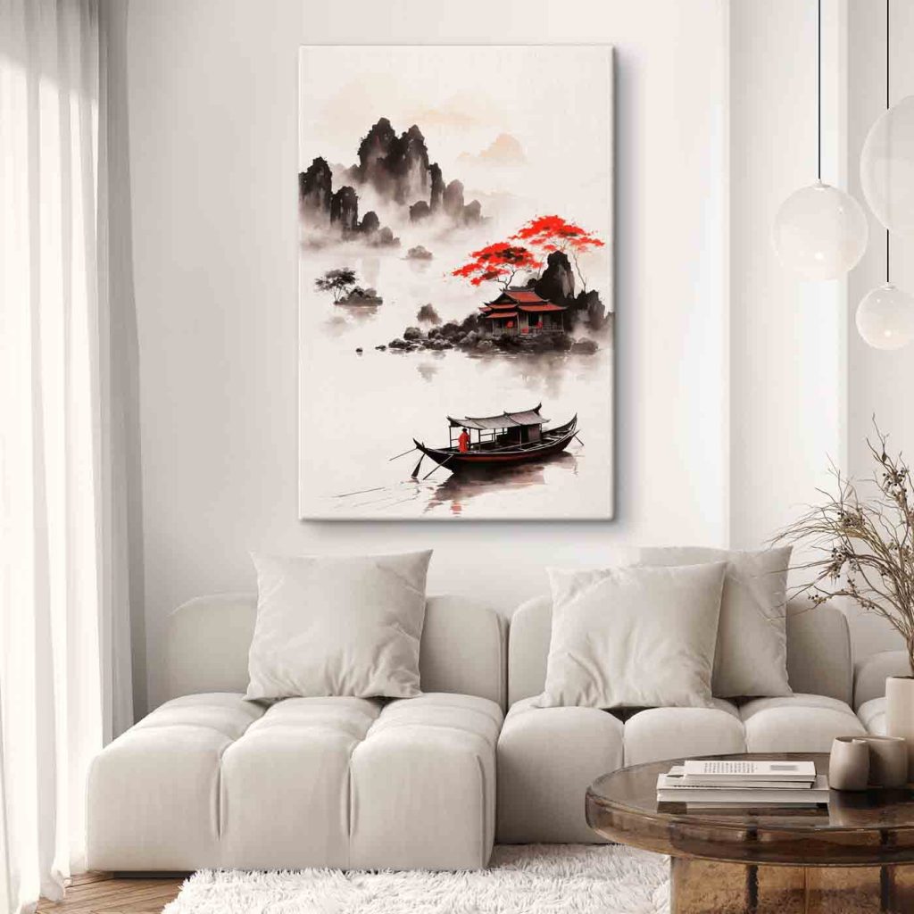 Painting of a house and a boat in the water