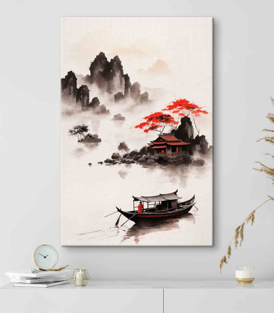 Painting of a house and a boat in the water