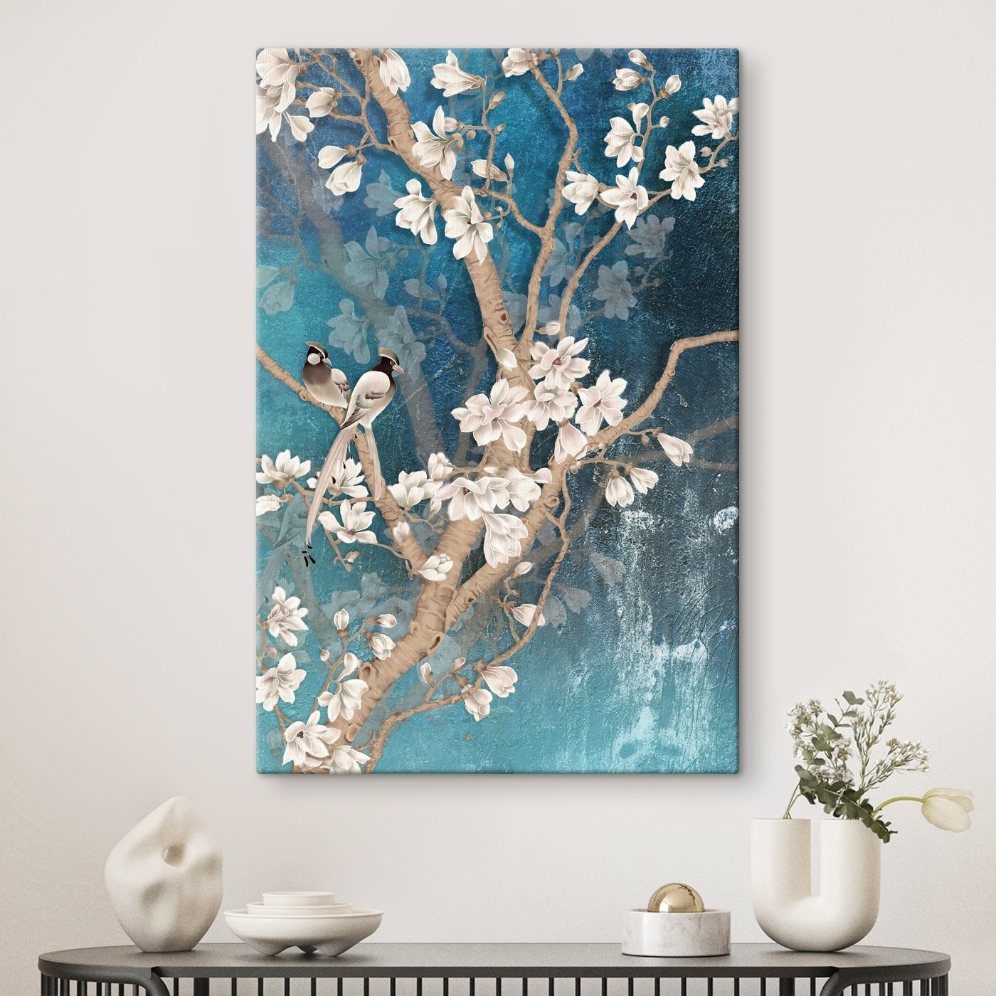 Tree with white flowers and birds