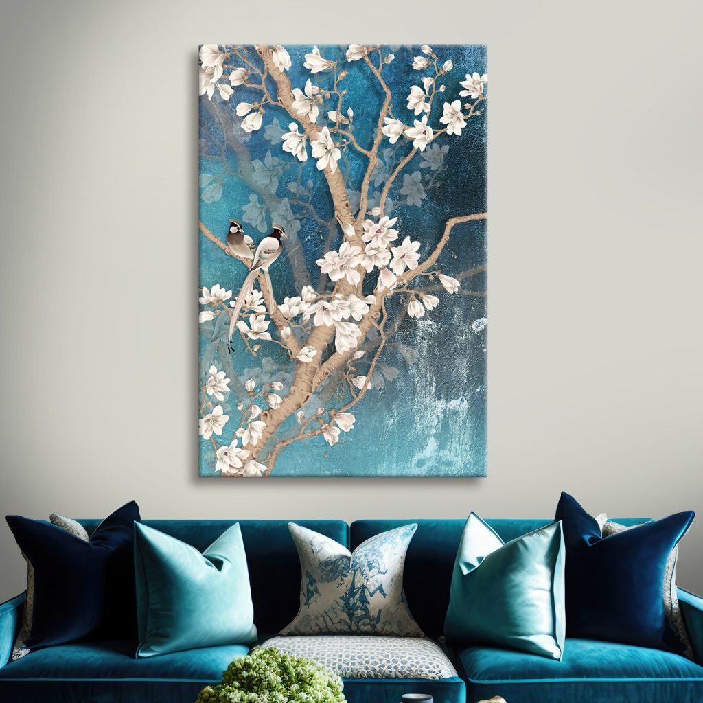 Tree with white flowers and birds
