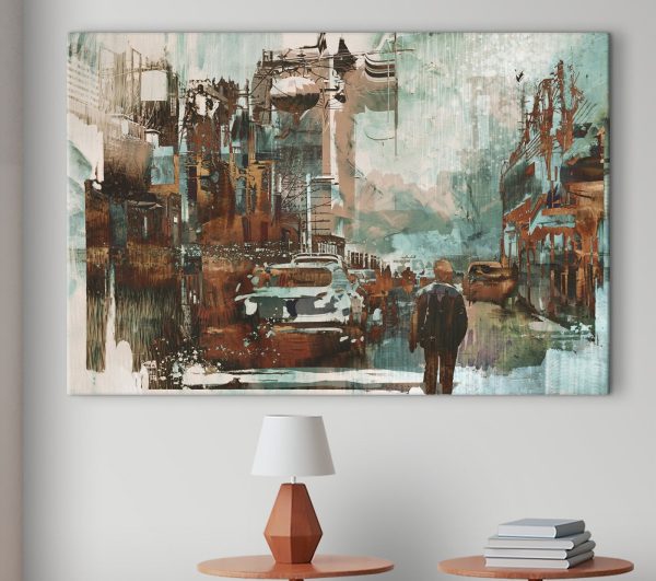 Cuadros Un hombre caminando por una calle con coches y edificios (SKU: s35874) Cuadros Cuadros Un hombre caminando por una calle con coches y edificios (SKU: s35874)
