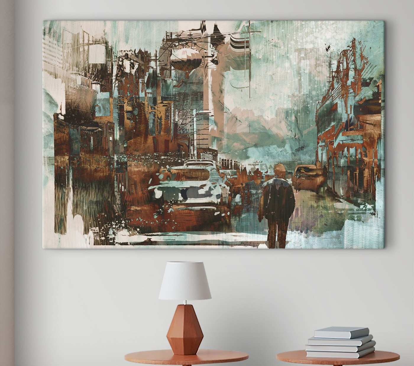 Man walking down a street with cars and buildings Man walking down a street with cars and buildings