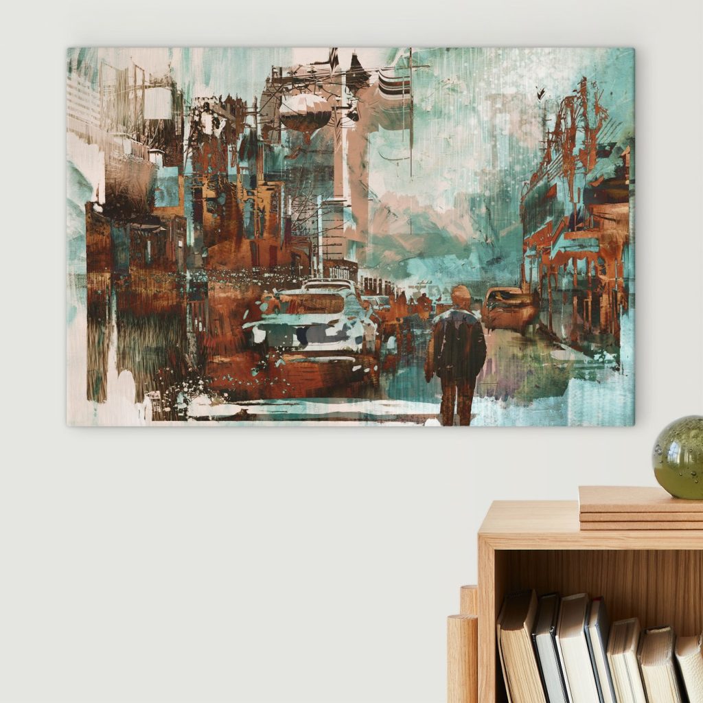 Man walking down a street with cars and buildings Man walking down a street with cars and buildings