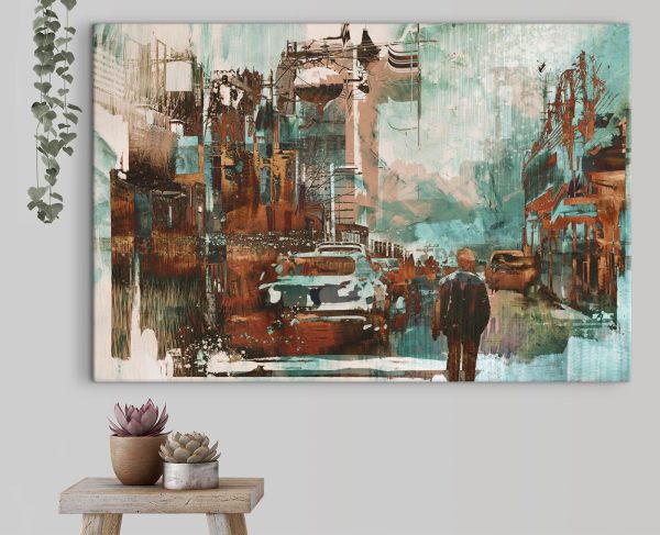 Man walking down a street with cars and buildings Man walking down a street with cars and buildings