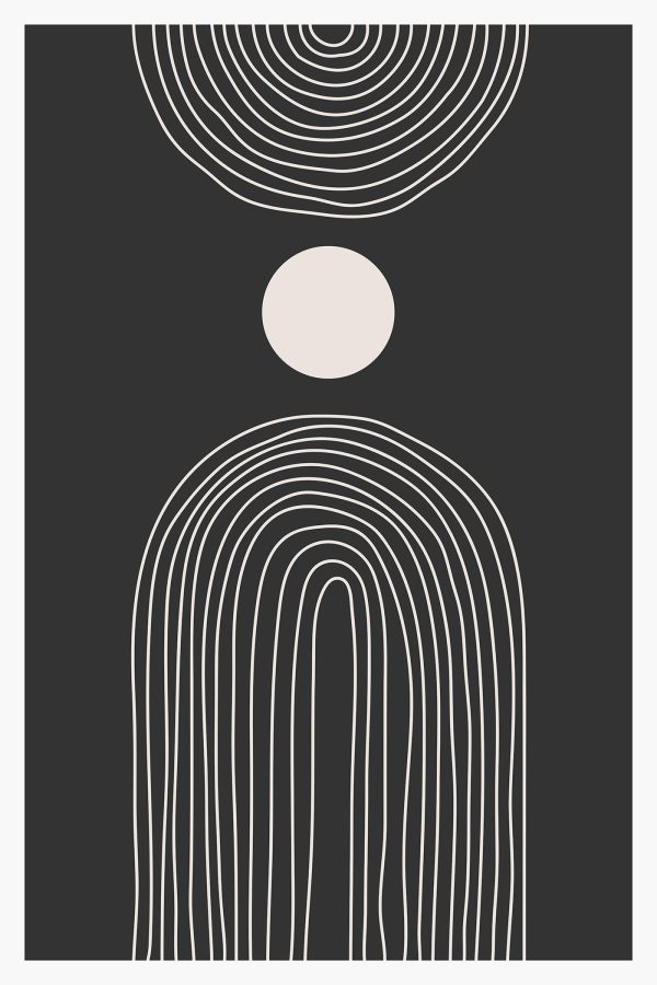 Black and white poster with a white circle and a black and white rainbow