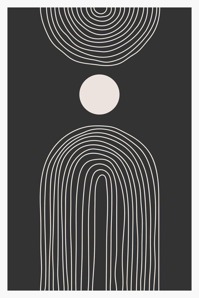 Black and white poster with a white circle and a black and white rainbow