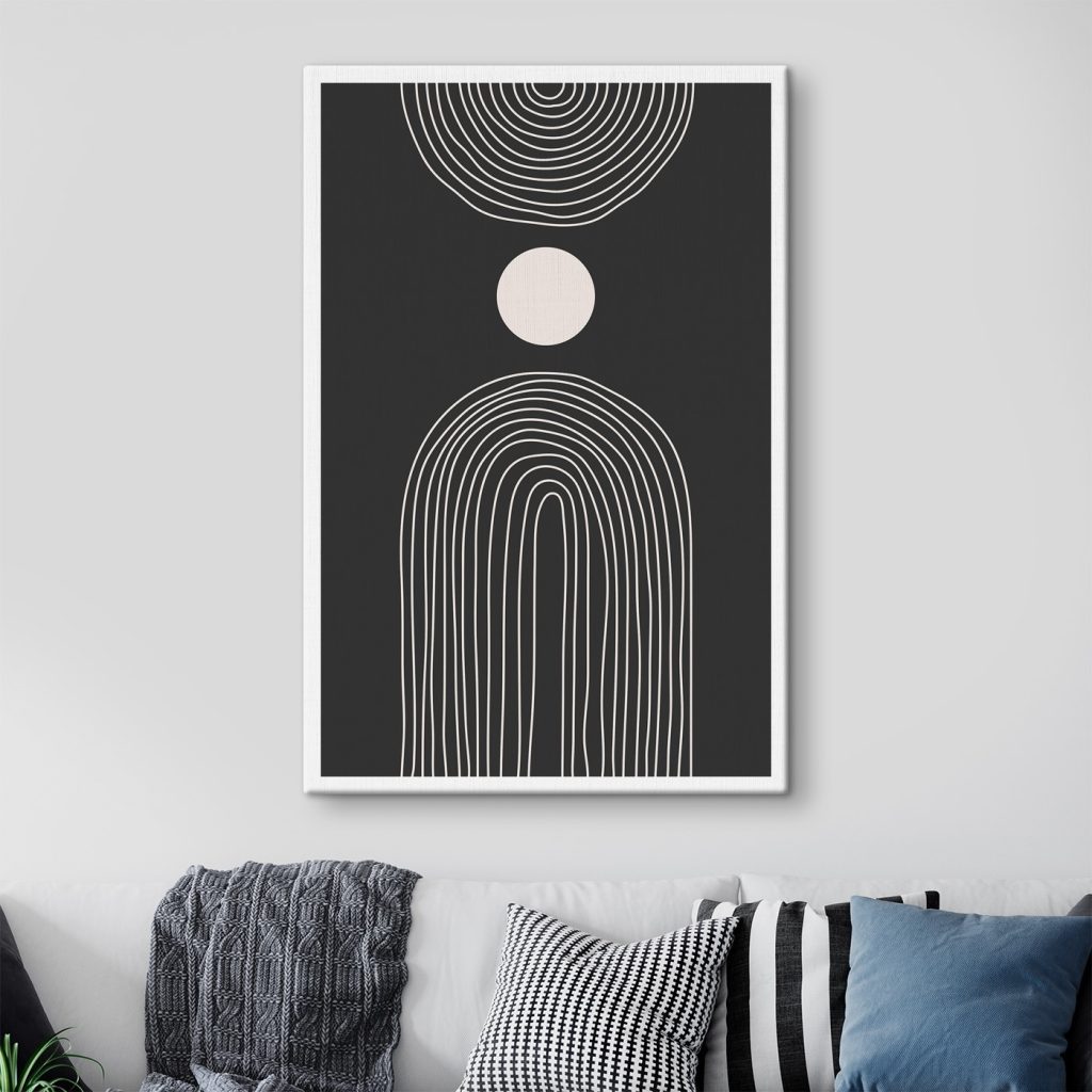 Black and white poster with a white circle and a black and white rainbow