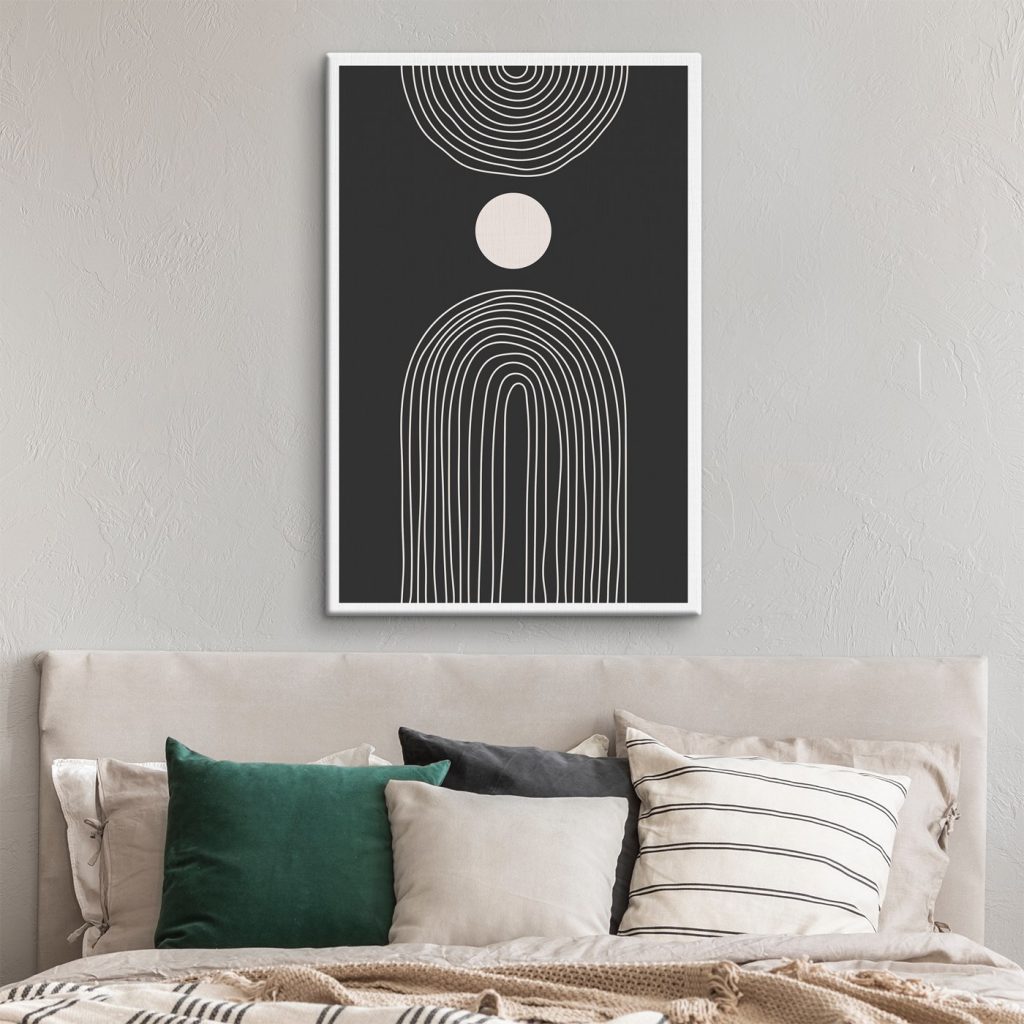 Black and white poster with a white circle and a black and white rainbow