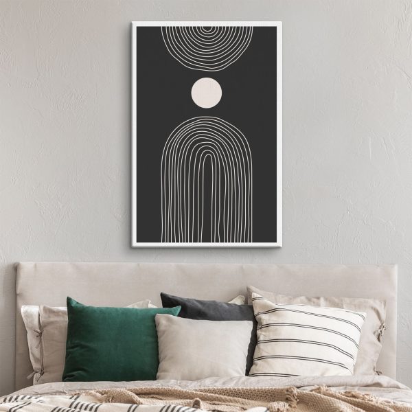 Black and white poster with a white circle and a black and white rainbow