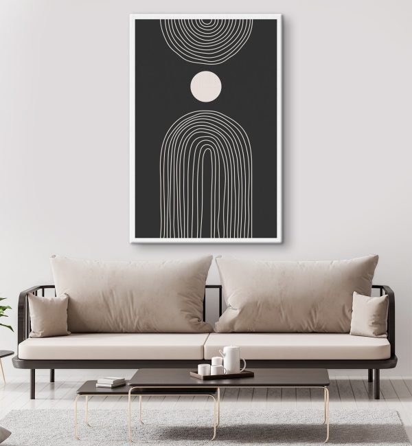 Black and white poster with a white circle and a black and white rainbow