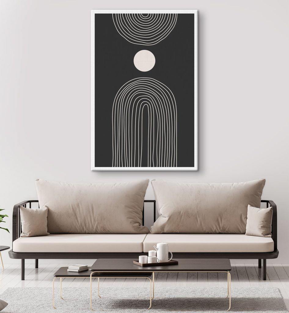 Black and white poster with a white circle and a black and white rainbow