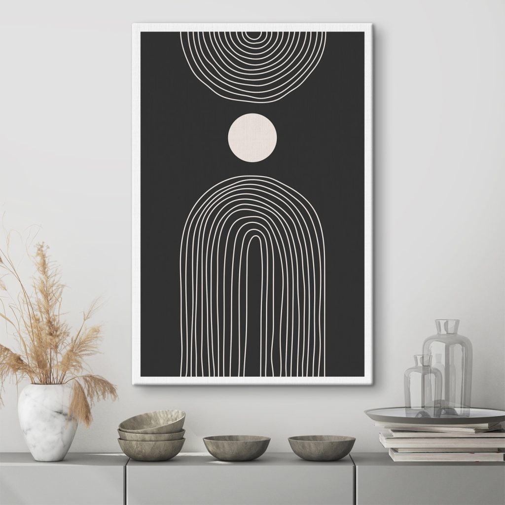 Black and white poster with a white circle and a black and white rainbow