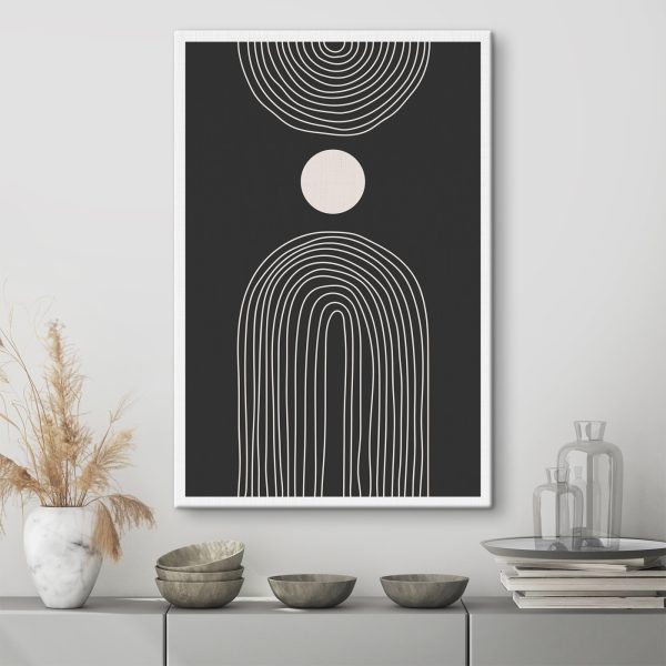 Black and white poster with a white circle and a black and white rainbow