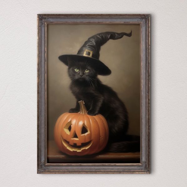 Cuadros Gato con un sombrero de persona sentado sobre una calabaza