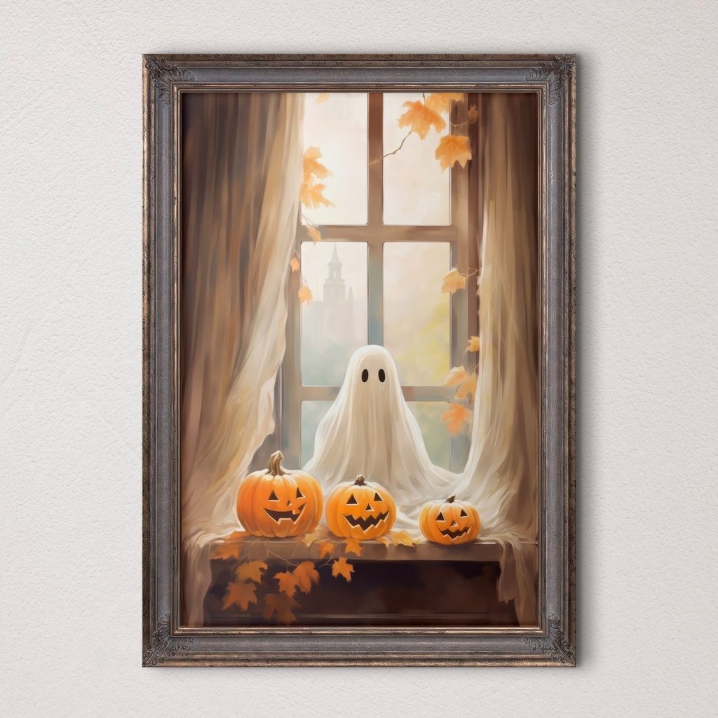 Group of pumpkins and a ghost sitting on a window sill Group of pumpkins and a ghost sitting on a window sill