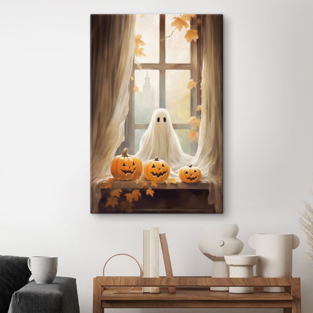 Group of pumpkins and a ghost sitting on a window sill Group of pumpkins and a ghost sitting on a window sill
