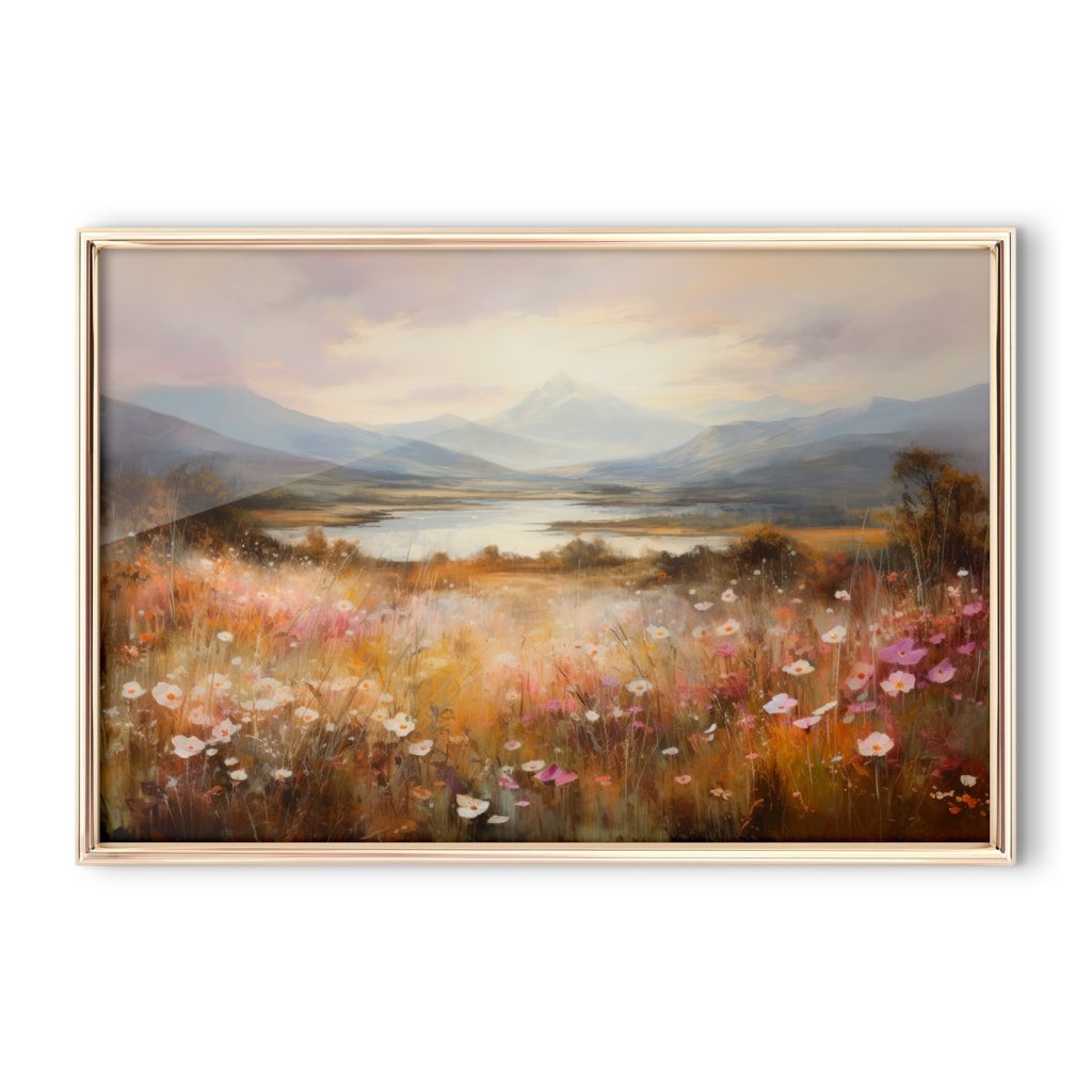 Painting of a field of flowers and a lake Painting of a field of flowers and a lake