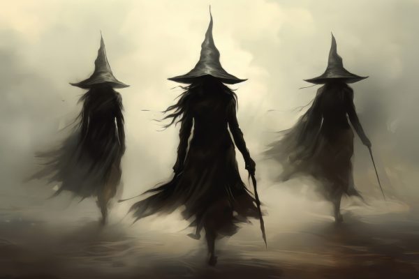 Group of women in black robes and hats walking in fog Group of women in black robes and hats walking in fog