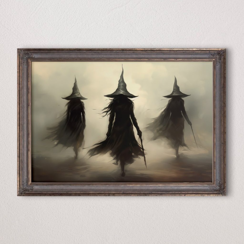 Group of women in black robes and hats walking in fog Group of women in black robes and hats walking in fog