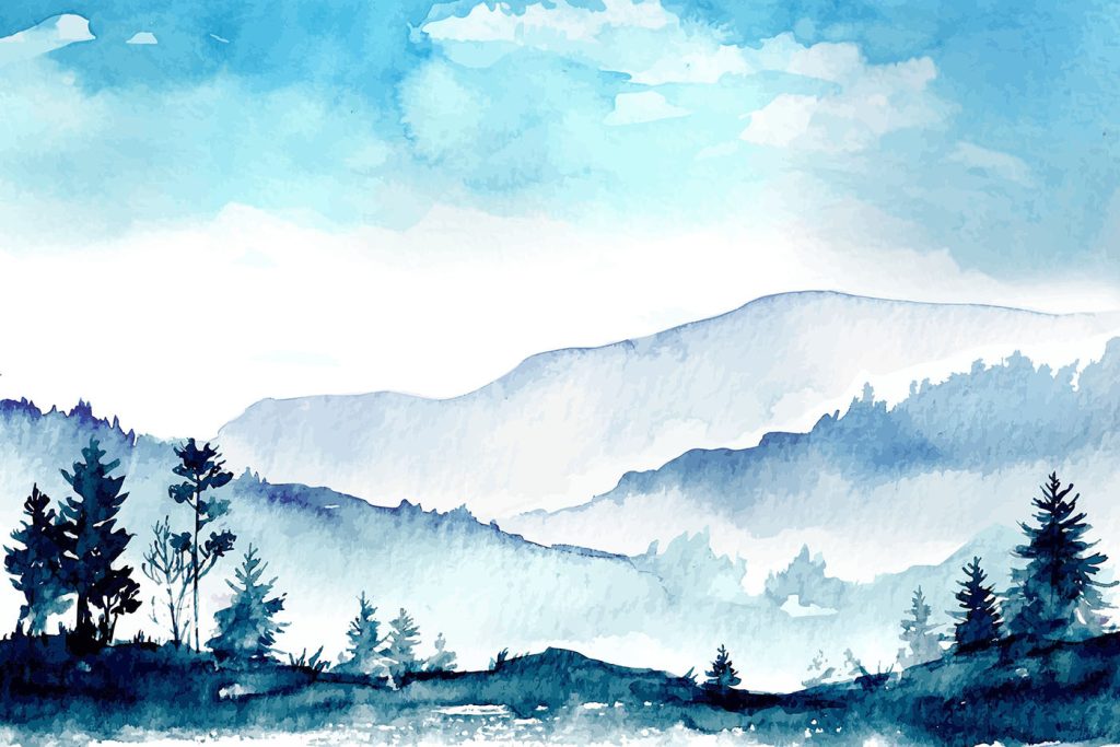 Watercolor of a mountain range and trees