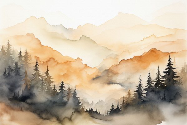 Watercolor painting of trees and mountains