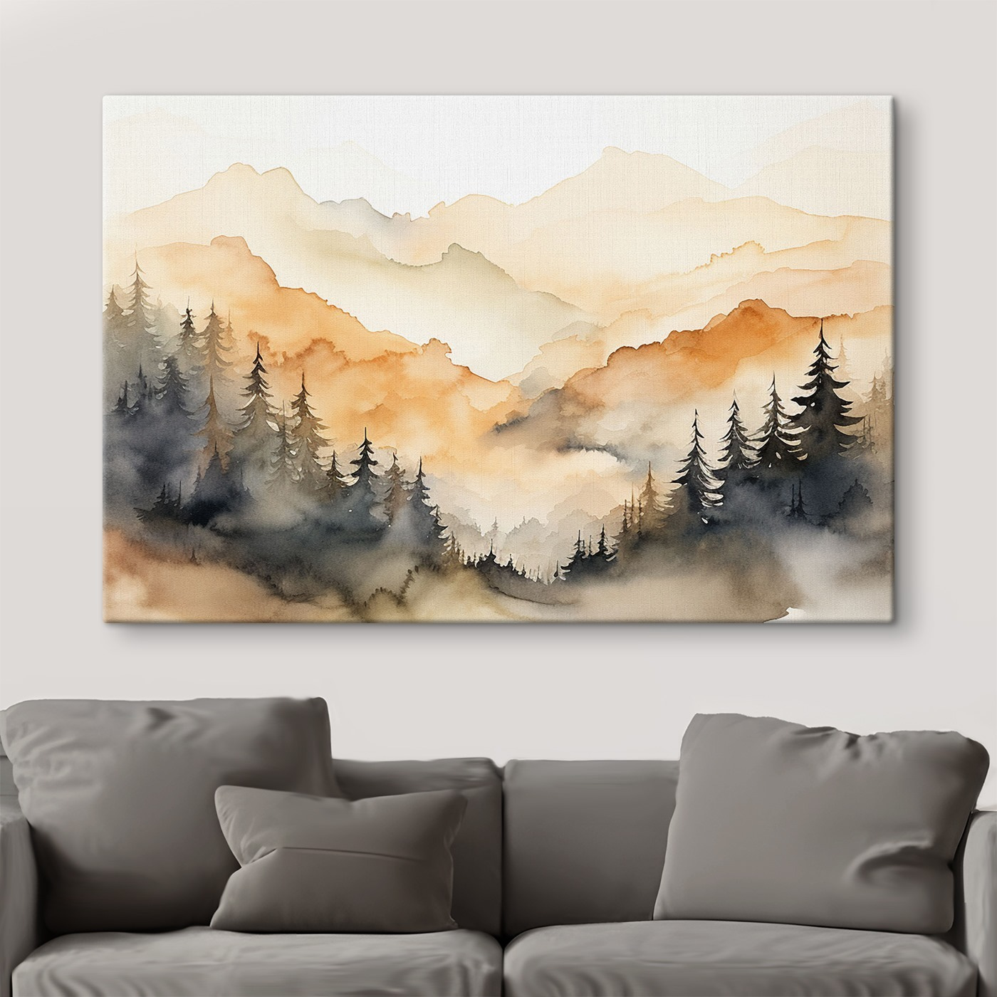 Watercolor painting of trees and mountains