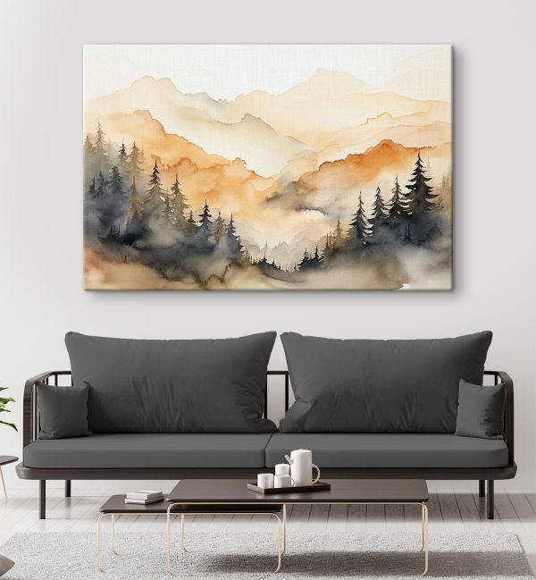 Watercolor painting of trees and mountains