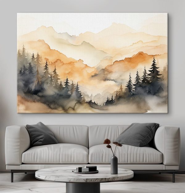 Watercolor painting of trees and mountains