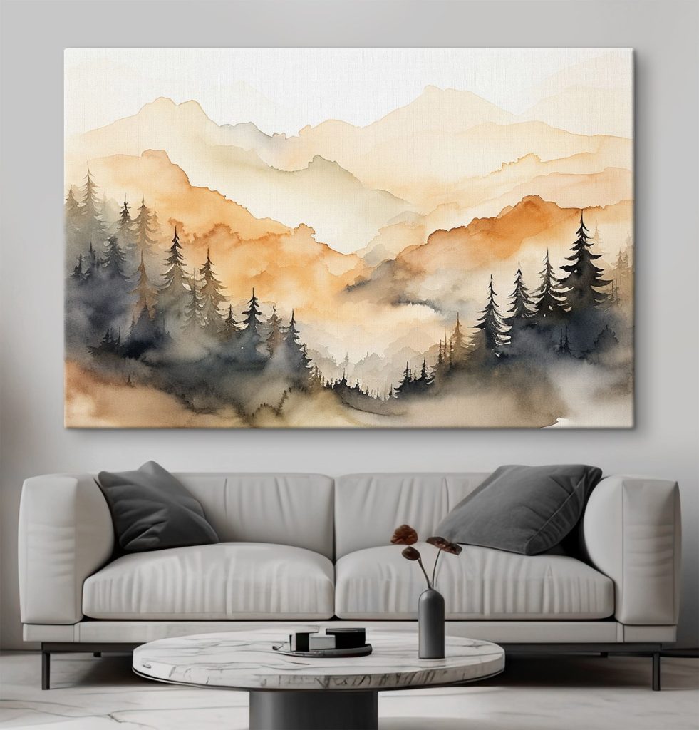 Watercolor painting of trees and mountains