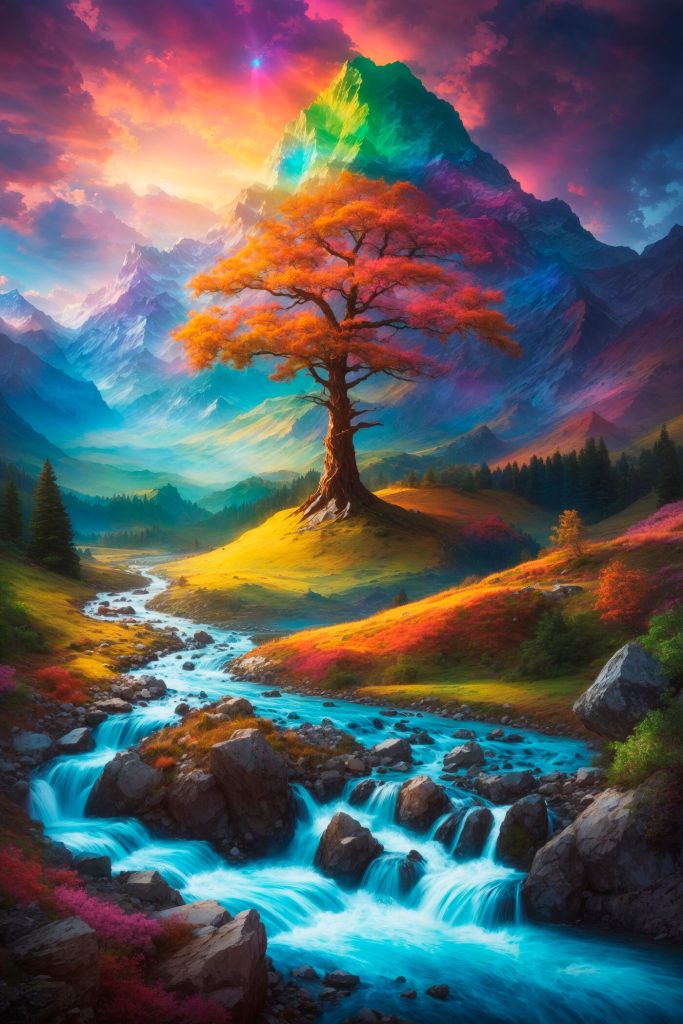 River running through a valley with a tree in the middle River running through a valley with a tree in the middle