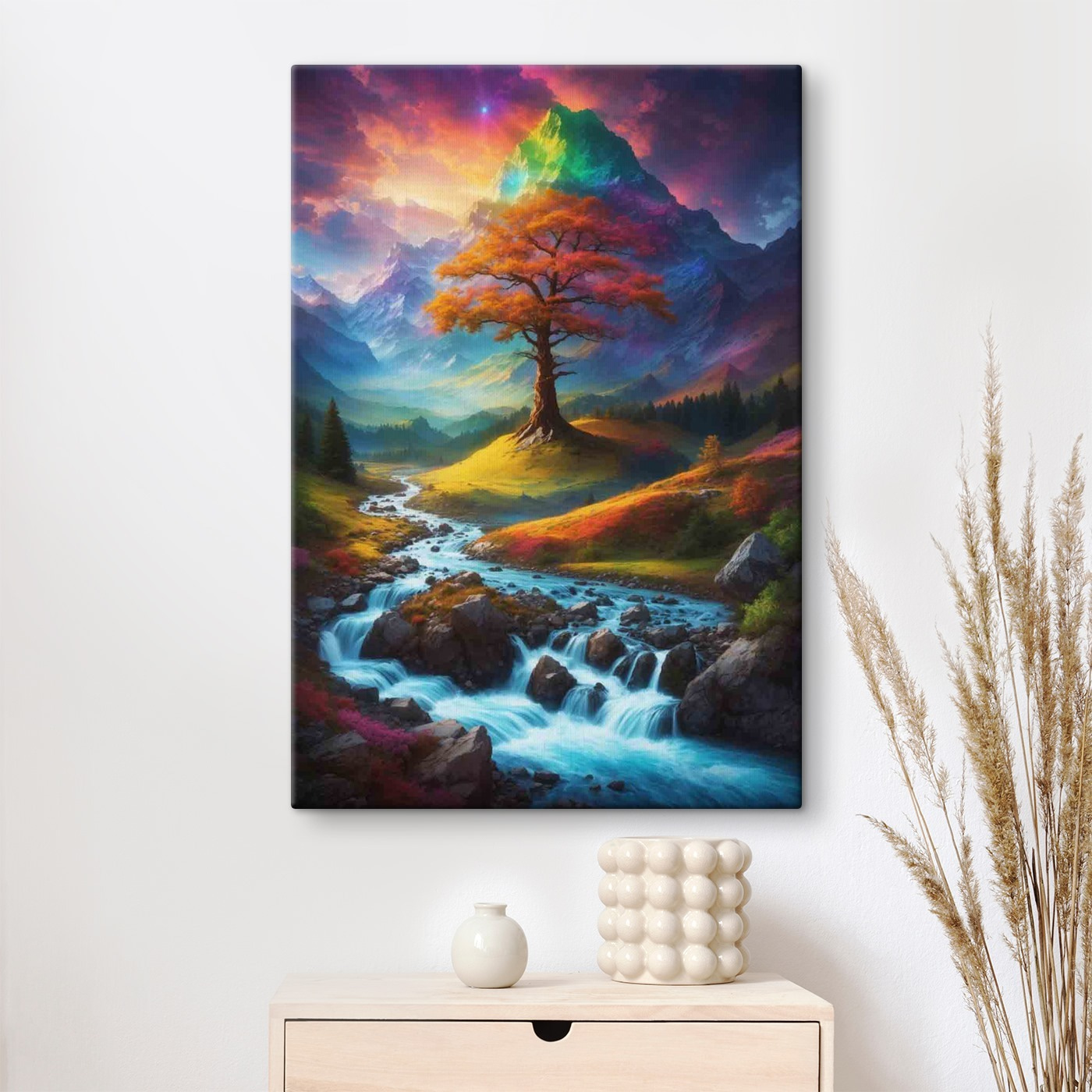 River running through a valley with a tree in the middle River running through a valley with a tree in the middle