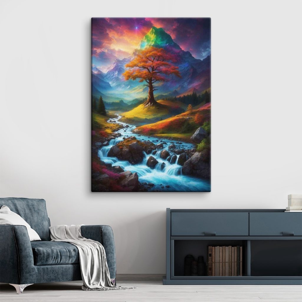 River running through a valley with a tree in the middle River running through a valley with a tree in the middle