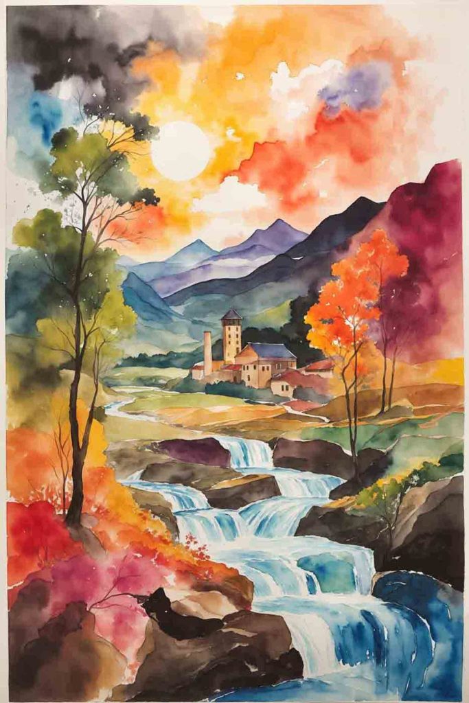 Watercolor painting of a house and a river