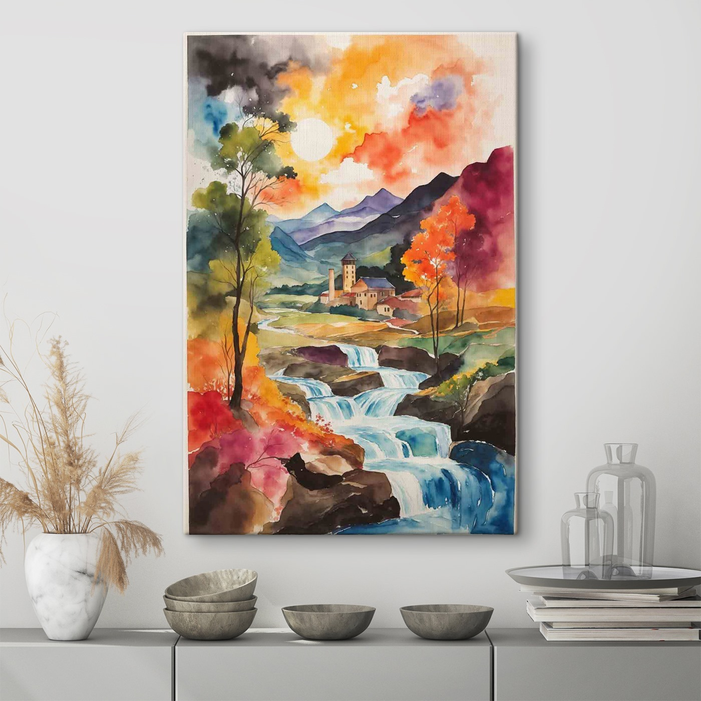 Watercolor painting of a house and a river
