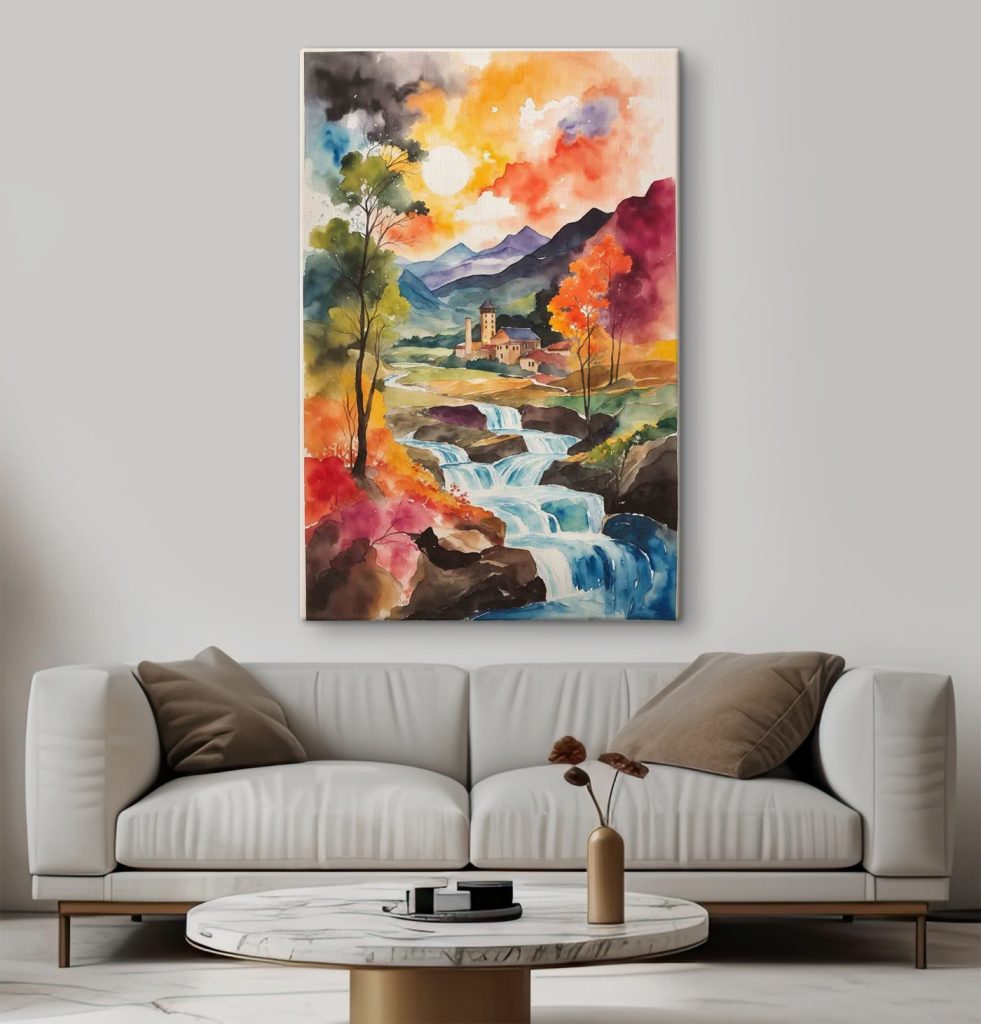 Watercolor painting of a house and a river
