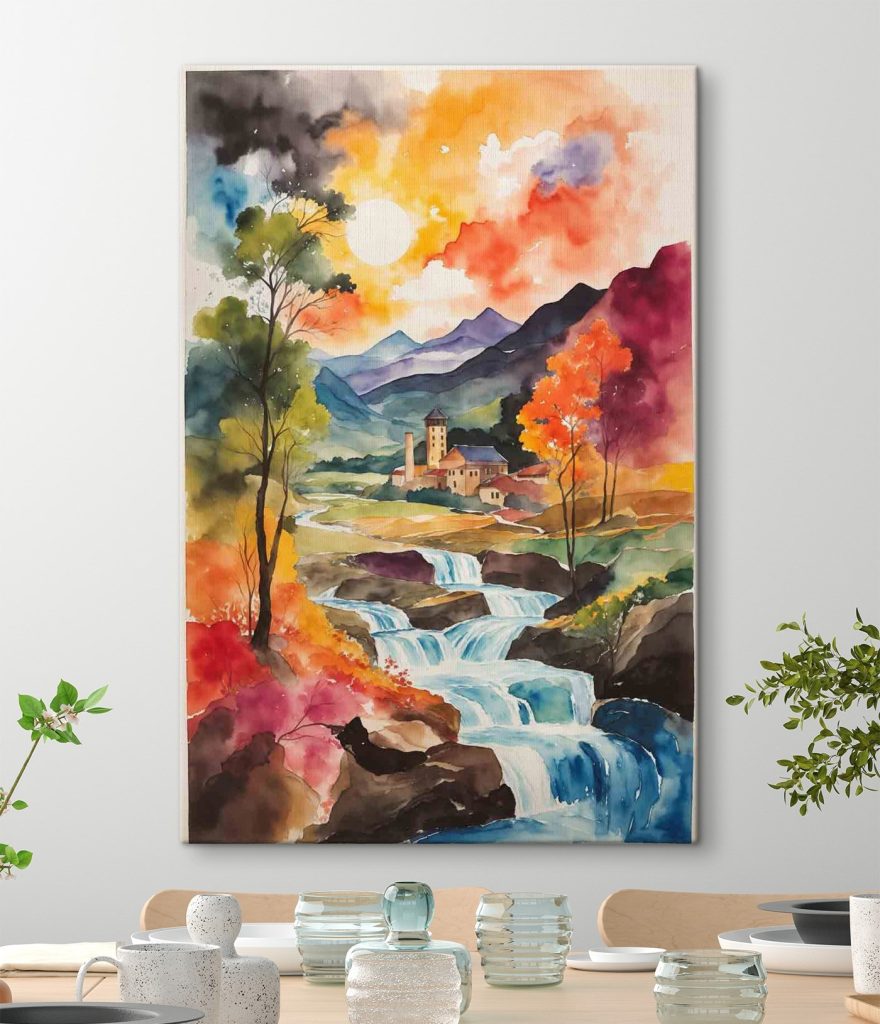 Watercolor painting of a house and a river