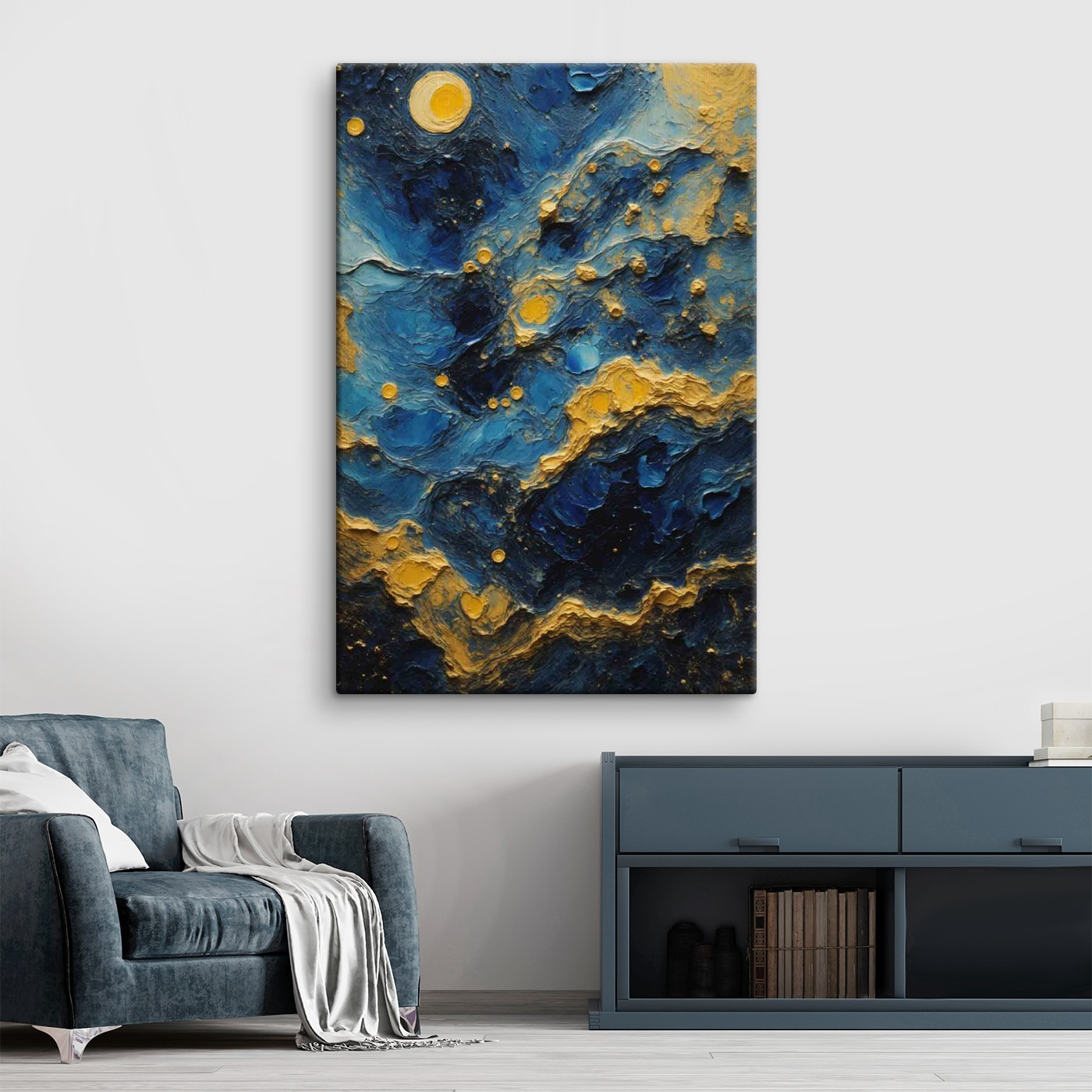 Azure waves and amber orbs dance