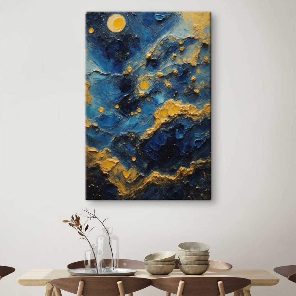 Azure waves and amber orbs dance