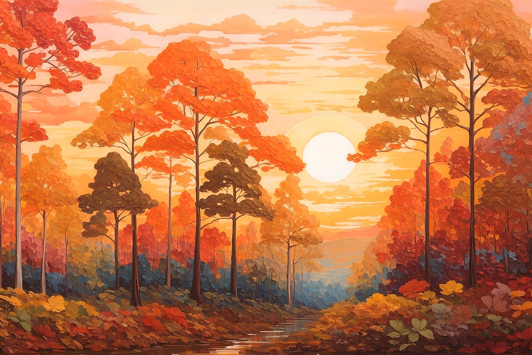 Painting of a forest with trees and a river Painting of a forest with trees and a river