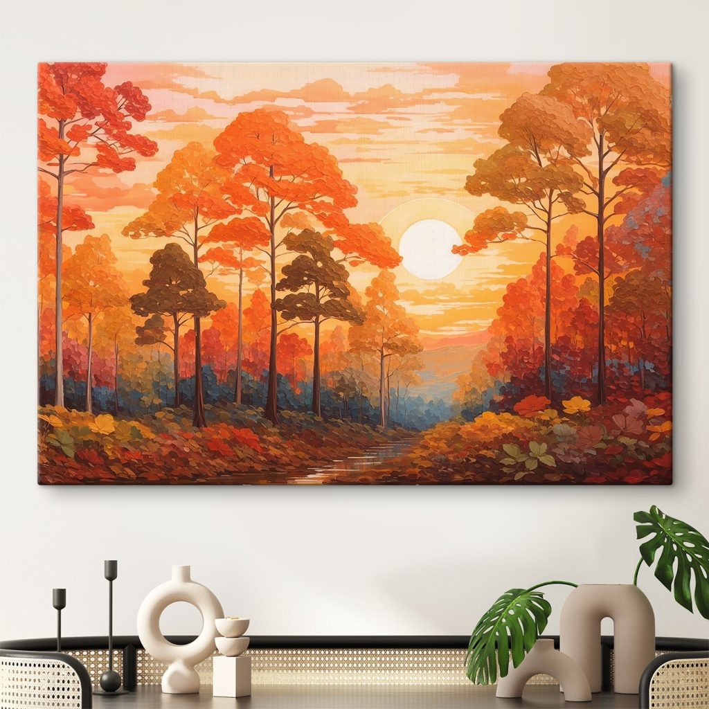 Painting of a forest with trees and a river Painting of a forest with trees and a river