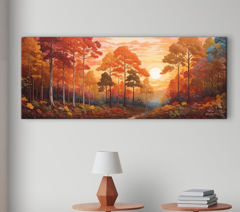 Painting of a forest with trees and a river Painting of a forest with trees and a river